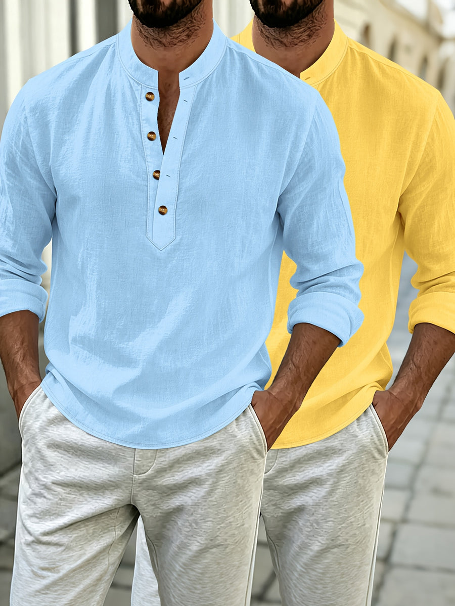 2pcs Men's Solid Color Pullover Henley Shirt, Long Sleeve, Regular Fit for Spring/Autumn, Casual Outings and Parties - Blue+Yellow