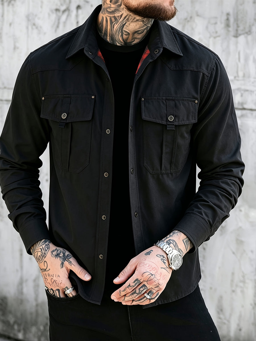 Men's Spring-autumn Casual Jacket Shirt with Checked Lining. Multi-pocket Design. A Simple and Versatile Plain-colored Coat That Is Suitable for Daily Outings, Sports, Outdoor Activities, Vacation Trips or Traveling. - Black