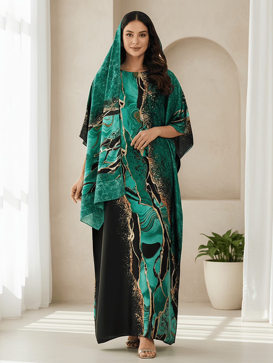 1pc (Kaftan + Headscarf Print Kaftan Set for Women - Loose Batwing Sleeve, Vacation Maxi Dress, Traditional Middle Eastern Attire, Elegant Maxi Gown, Perfect for Evening Banquets, Beach Vacations & Daily Casual Wear - Marble Bright Green