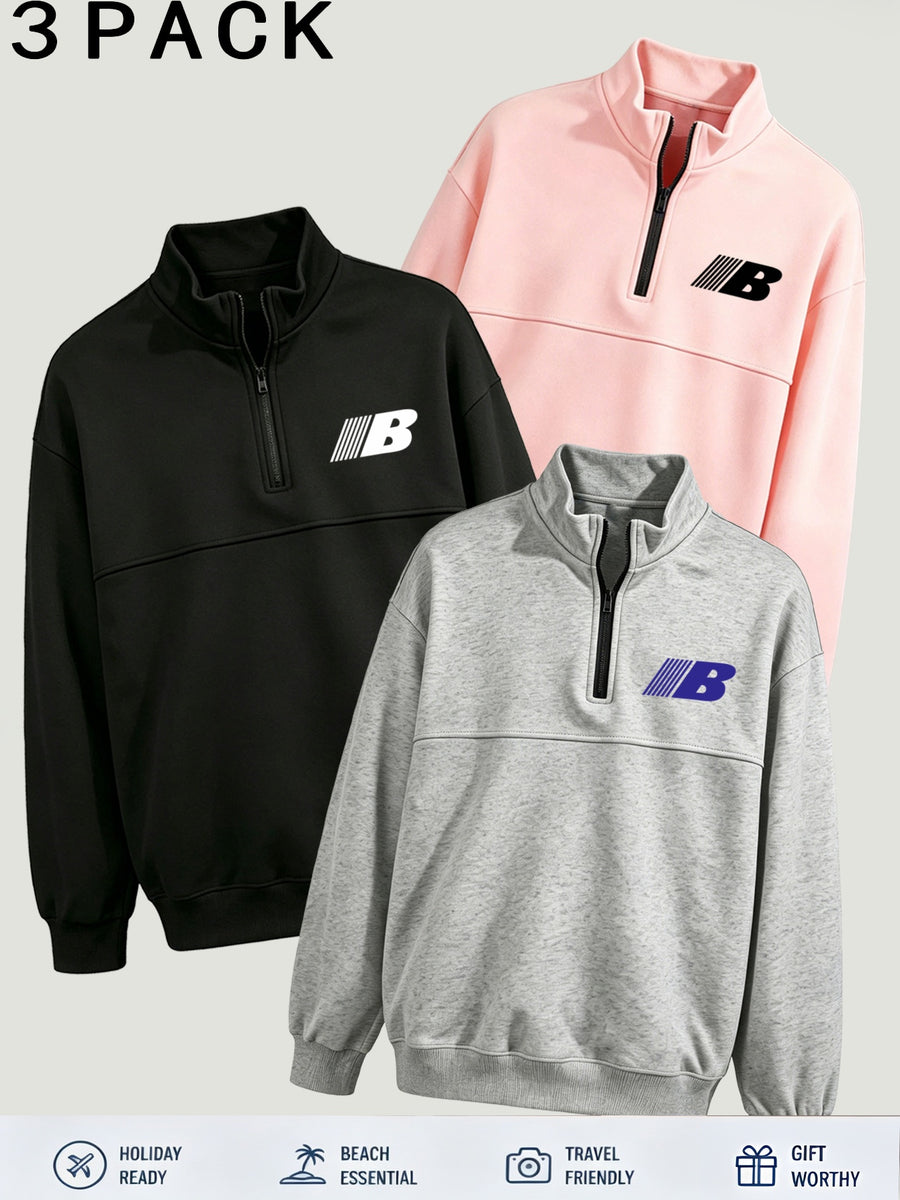 Women's 3pcs Outfit, Half-Zip Stand Collar Printed Sweatshirt, Casual Oversized Drop Shoulder Long Sleeve Top, Lined for Autumn & Winter, Versatile Slim-Fit - Pink + Black + Light Gray