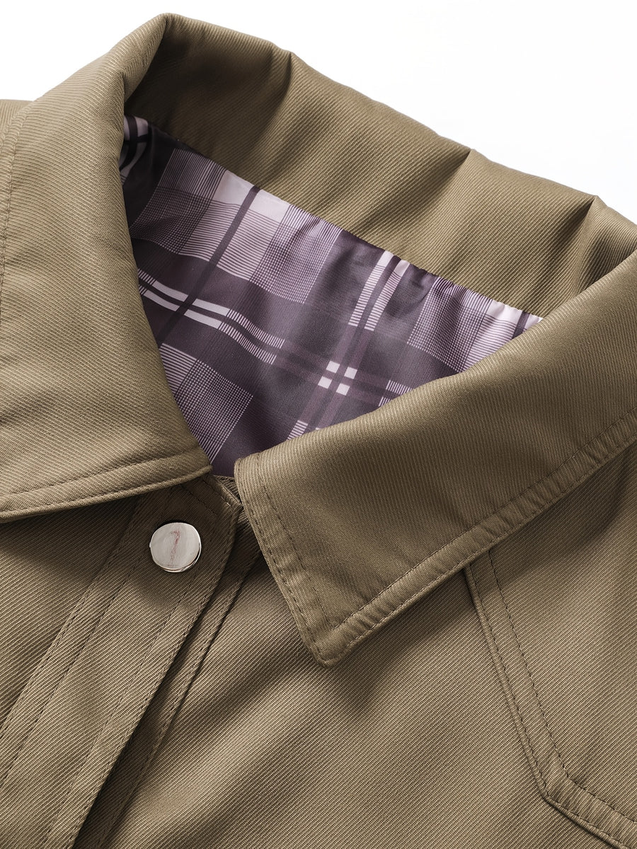Men'S Casual Utility Shirt Jacket, Daily Commute Windproof Durable Twill Fabric Loose Collar Multi-Pocket Straight Cut Urban Outdoor Walking Street Style Metal Button Plaid Lining Long Sleeve Utility Coat - Khaki