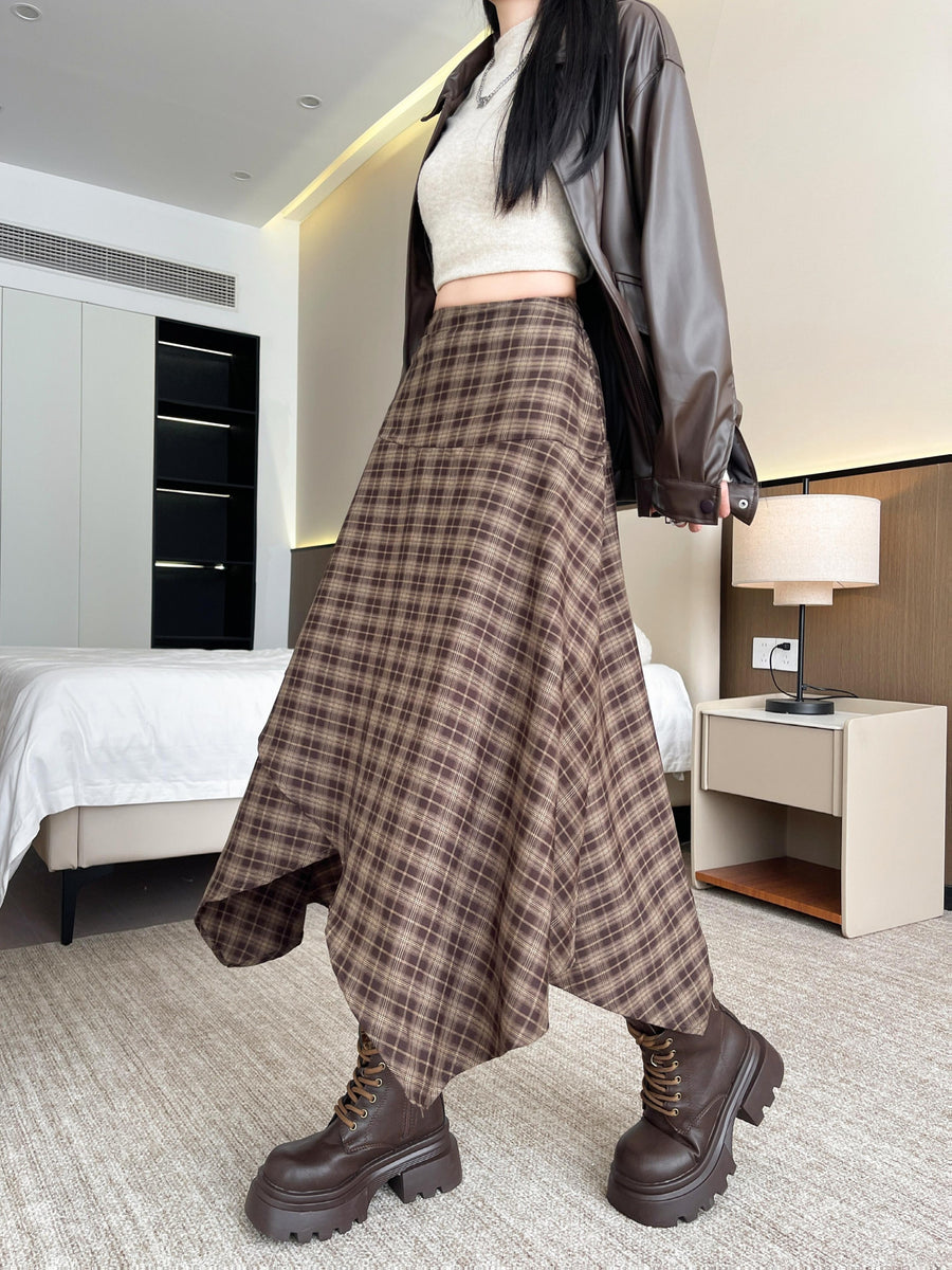 1pc, New Elegant, Irregular Plaid Midi Skirt, Suitable for Spring, Autumn And Summer, High Waist, Zipper Style A-Line Skirt - Coffee Brown