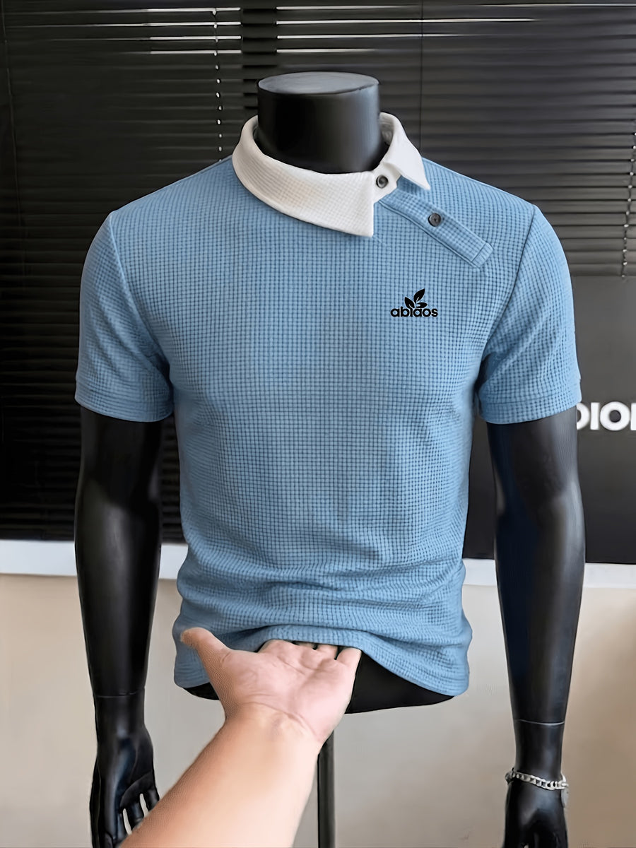 New Design Color-Blocked Slant Collar Short-Sleeve T-Shirt for Men, Summer Trendy Irregular Collar Business Casual White Letter Print Polo - Sky Blue
