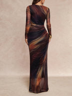 Elegant Special Women'S Mesh Gradient Ombre Printed Round Neck Long Sleeve Ruched Waist Long Dress, Spring Autumn Elegant Dress Suitable for Evening Parties, Dates, Birthday Gatherings, Red Carpet Styling, Mature Atmosphere Long Skirt [ZLLZ] - Light Brown-1