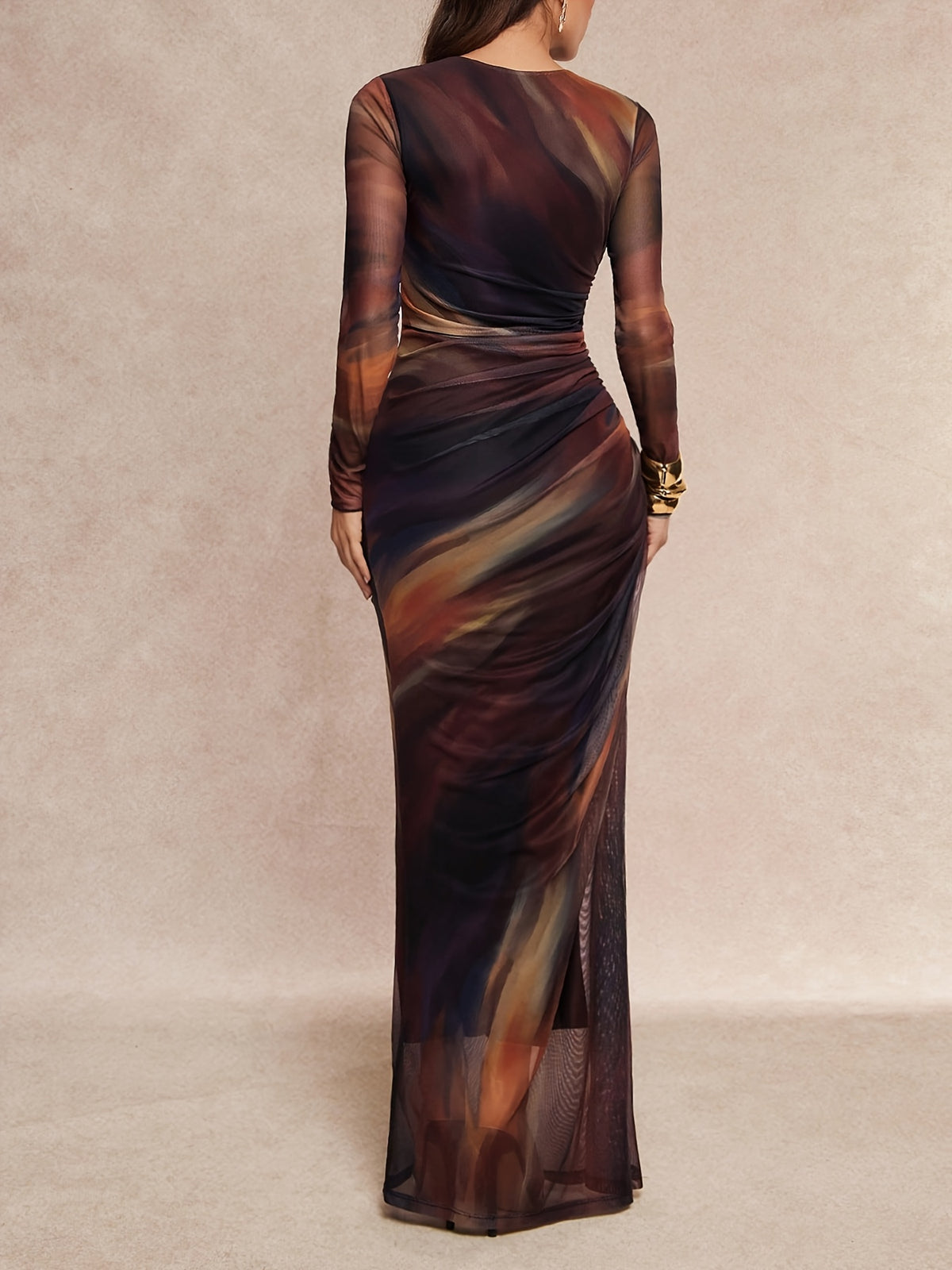 Elegant Special Women'S Mesh Gradient Ombre Printed Round Neck Long Sleeve Ruched Waist Long Dress, Spring Autumn Elegant Dress Suitable for Evening Parties, Dates, Birthday Gatherings, Red Carpet Styling, Mature Atmosphere Long Skirt [ZLLZ] - Light Brown-1