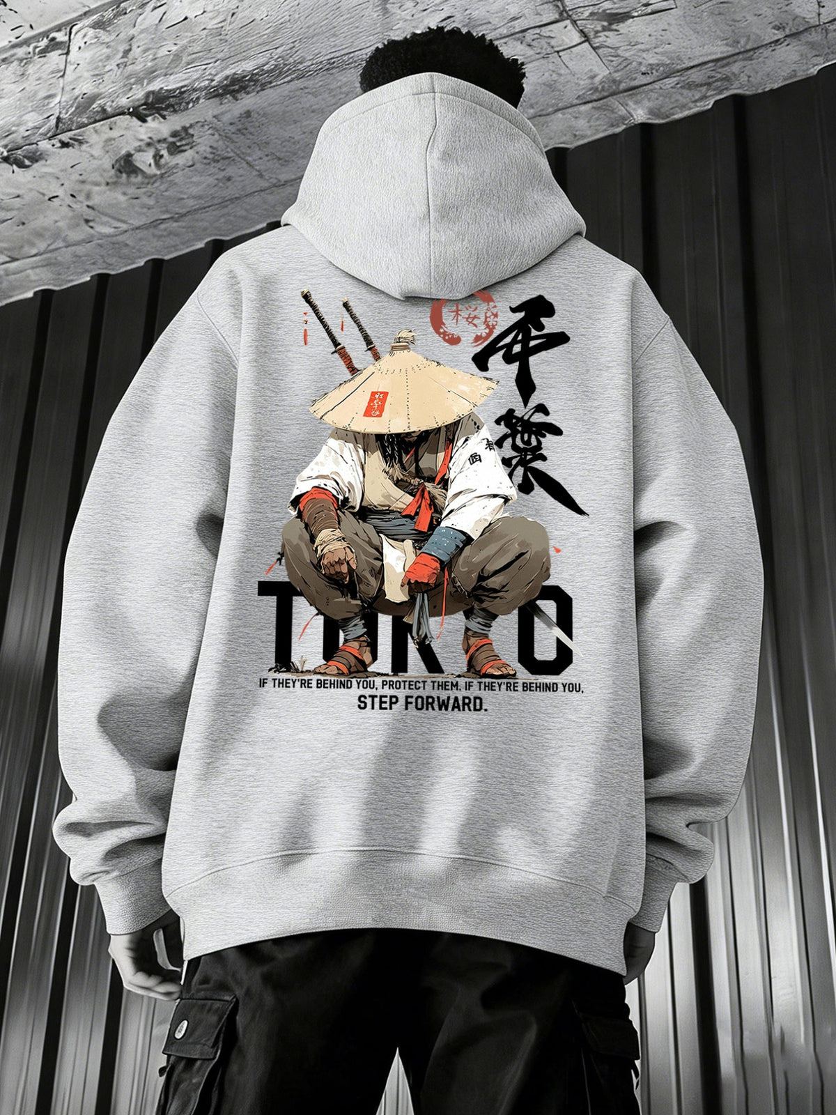 Men'S Japanese Samurai Kendo Warrior Hooded Sweatshirt | Casual Hooded, Heavy-weight, Slight Stretch Fabric, Geometric-pattern, Perfect for Spring/Fall - Light Grey
