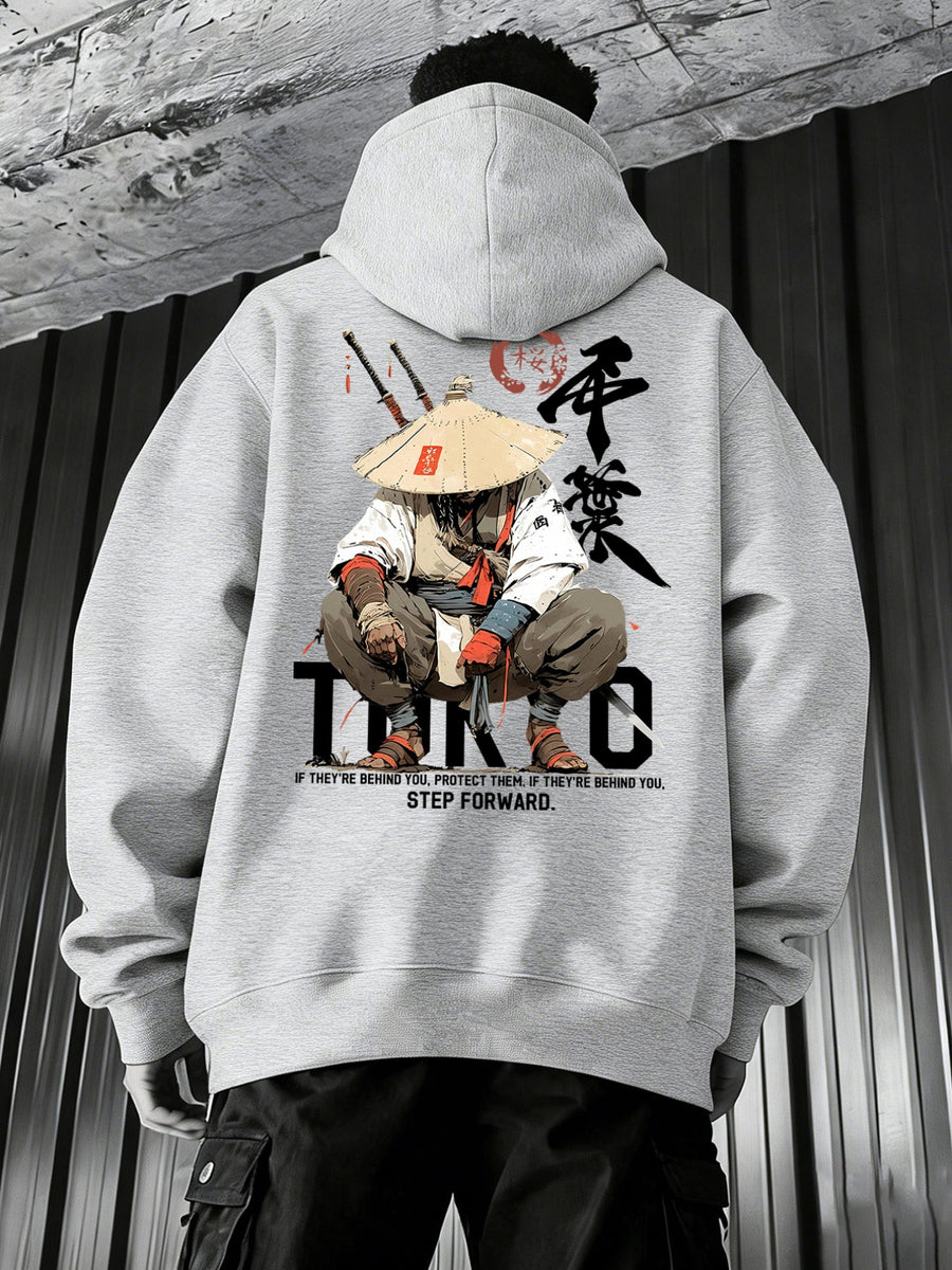 Men'S Japanese Samurai Kendo Warrior Hooded Sweatshirt | Casual Hooded, Heavy-weight, Slight Stretch Fabric, Geometric-pattern, Perfect for Spring/Fall - Light Grey