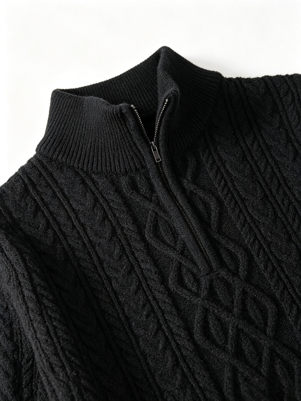 Men's Black Heavyweight Knitted Half-Zip Sweater with All-Over Rhombus Cable Twist Texture, Half-Open Stand Collar, Zipper, and Ribbed Cuffs. Vintage Light Luxury Style for Autumn/Winter. Loose Drop-Shoulder Fit for Commuting, Business, and Daily - Black