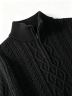 Men's Black Heavyweight Knitted Half-Zip Sweater with All-Over Rhombus Cable Twist Texture, Half-Open Stand Collar, Zipper, and Ribbed Cuffs. Vintage Light Luxury Style for Autumn/Winter. Loose Drop-Shoulder Fit for Commuting, Business, and Daily - Black