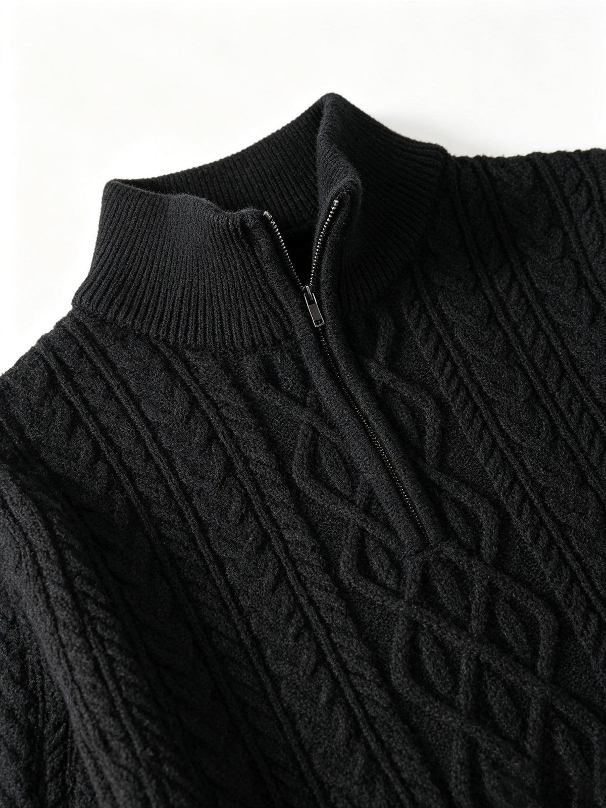 Men's Black Heavyweight Knitted Half-Zip Sweater with All-Over Rhombus Cable Twist Texture, Half-Open Stand Collar, Zipper, and Ribbed Cuffs. Vintage Light Luxury Style for Autumn/Winter. Loose Drop-Shoulder Fit for Commuting, Business, and Daily - Black