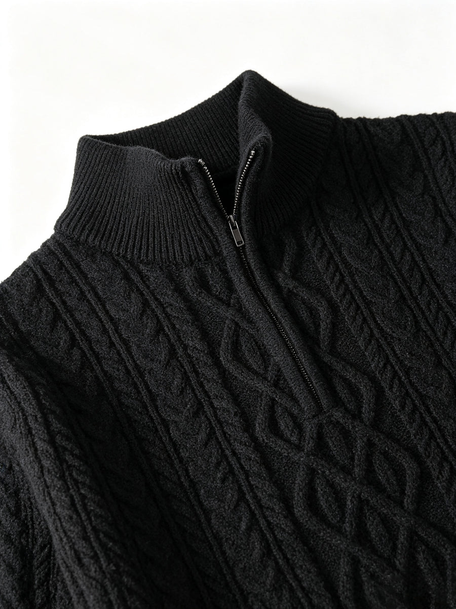 Men's Black Heavyweight Knitted Half-Zip Sweater with All-Over Rhombus Cable Twist Texture, Half-Open Stand Collar, Zipper, and Ribbed Cuffs. Vintage Light Luxury Style for Autumn/Winter. Loose Drop-Shoulder Fit for Commuting, Business, and Daily - Black