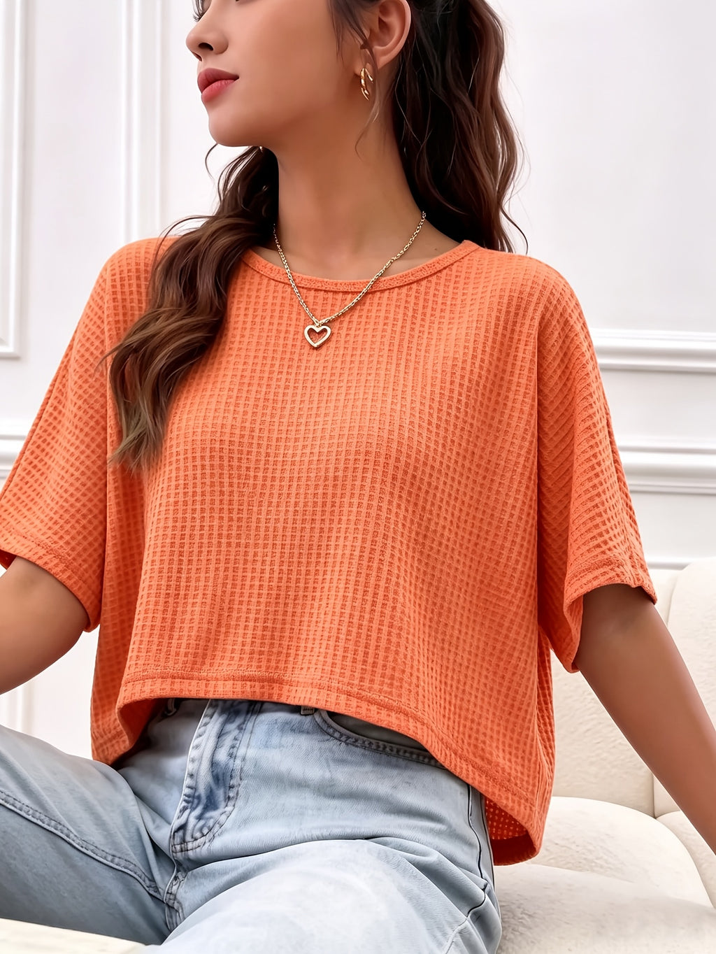 Women's Casual Loose-Fit Waffle Short Crop Crew Neck Short Sleeve T-Shirt for Daily Commuting - Orange-Red