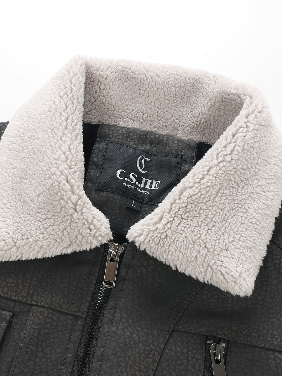 Men's Plush Lapel -Lined PU Motorcycle Jacket with Thickened Warm Lining, Vintage Texture Fabric, Multiple Zipper Pockets, Slim Fit Short Style, Autumn/Winter Riding Commuting American Casual Wear, Wear-Resistant and Windproof Lapel Outerwear Winter - Dark Gray