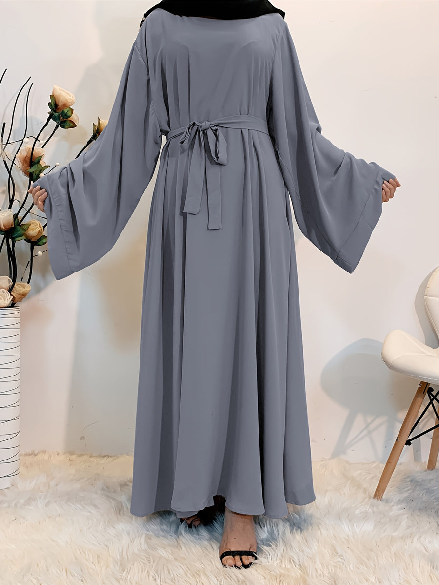 1pc Fashionable, Elegant, Comfortable, and Casual Wide-sleeved Abaya with Belt. Solid Color Suitable for Daily Wear. Loose and Comfortable Women's Abaya Dress. Ferace Tesettür Clothing, Women's Abayas for Muslim Women, Islamic Wear for Women - Dark Gray