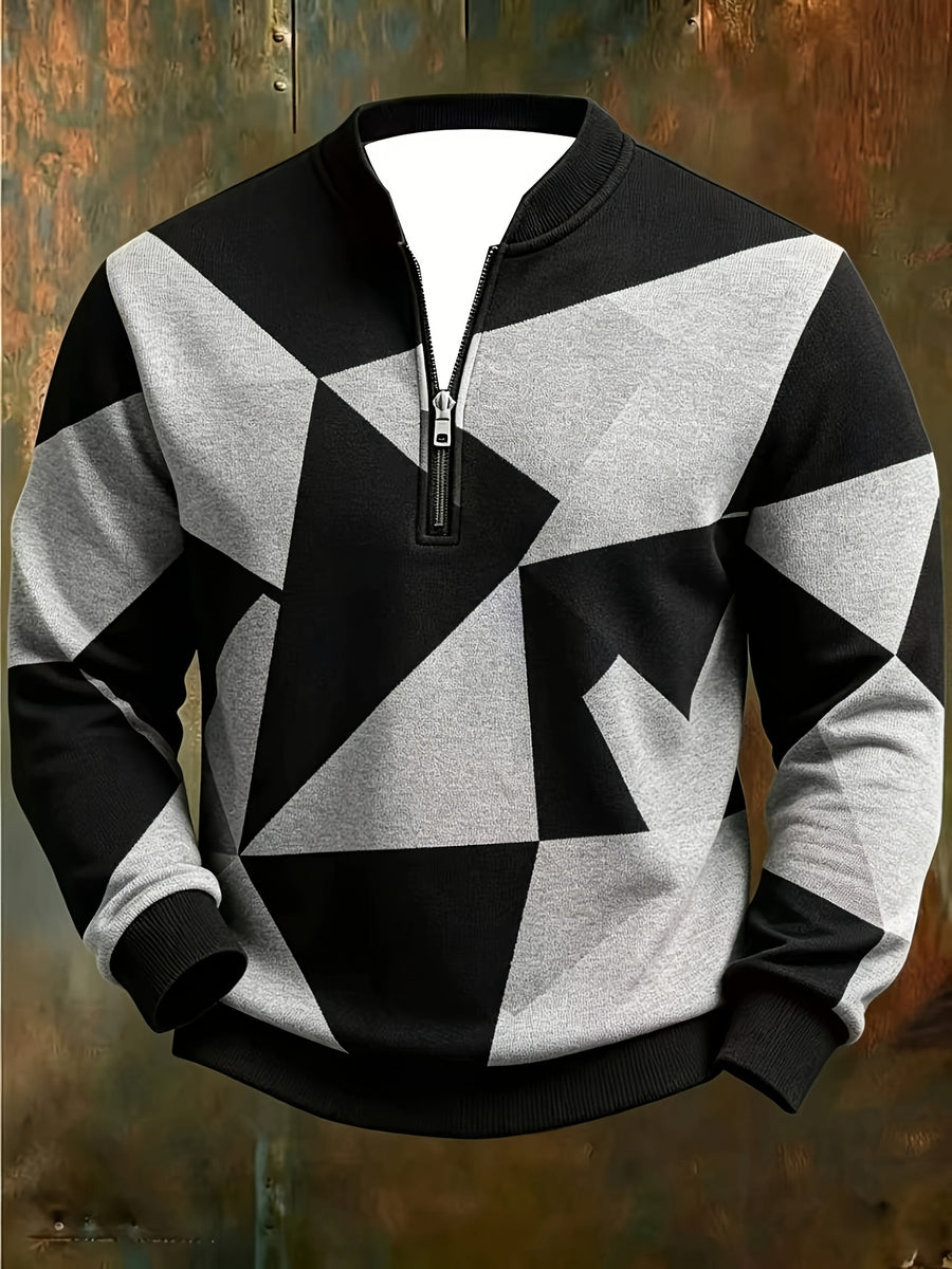 [Print Design - Not Textured] Plus Size Men'S Blue White Gray Geometric Color-Block Sweatshirt, Geometric Print Half-Zip POLO Shirt, Casual Long Sleeve Pullover - Mixed Color 9