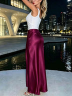 French-Style Elegant Satin Midi Skirt, Flowy A-Line Flared Skirt, Mature-Chic High-End Gown - Burgundy
