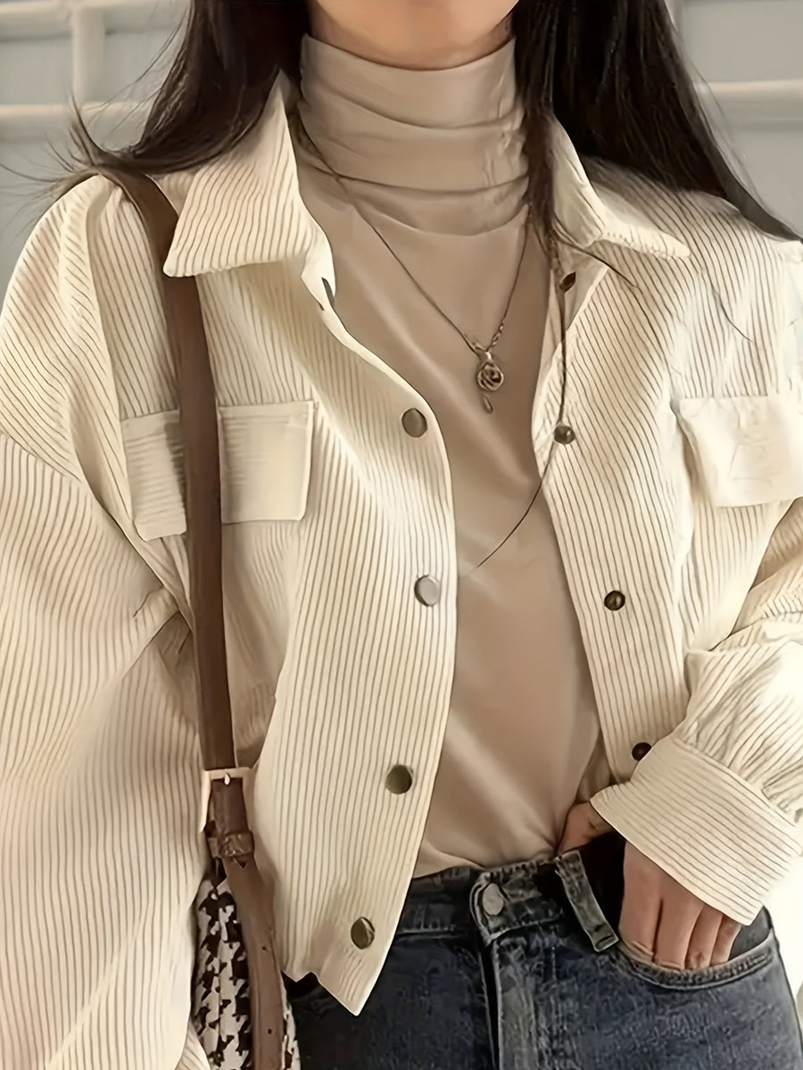 Beautiful Ladies' Jacket On, New Valentine'S Day Arrivals, Women'S Jacket Discounts, Solid Color Corduroy Pocket Lapel Long-Sleeved Coat Casual Jacket Cardigan, Suitable for Casual to Semi-Formal Attire, Layered Wear, Classic Design - Off-white
