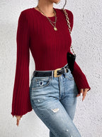 Long-sleeve T-shirt with Small Neckline and Ribbed Ribbed Base Layer - Burgundy