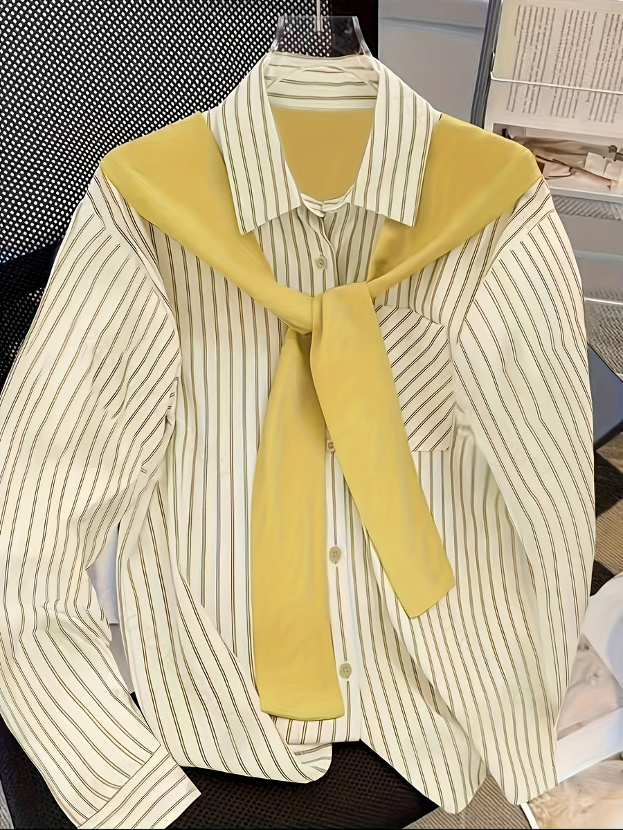 Women's Casual Striped Shirt, Patchwork Top - Lemon Yellow