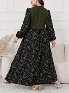 Plus Size - Plus Size - 2025 New Patchwork Fabric Design Floral Print Long Lantern Sleeves Small Stand-Up Collar Waist Slim Dating Travel Elegant Large Size Women'S Dress - Olive Green