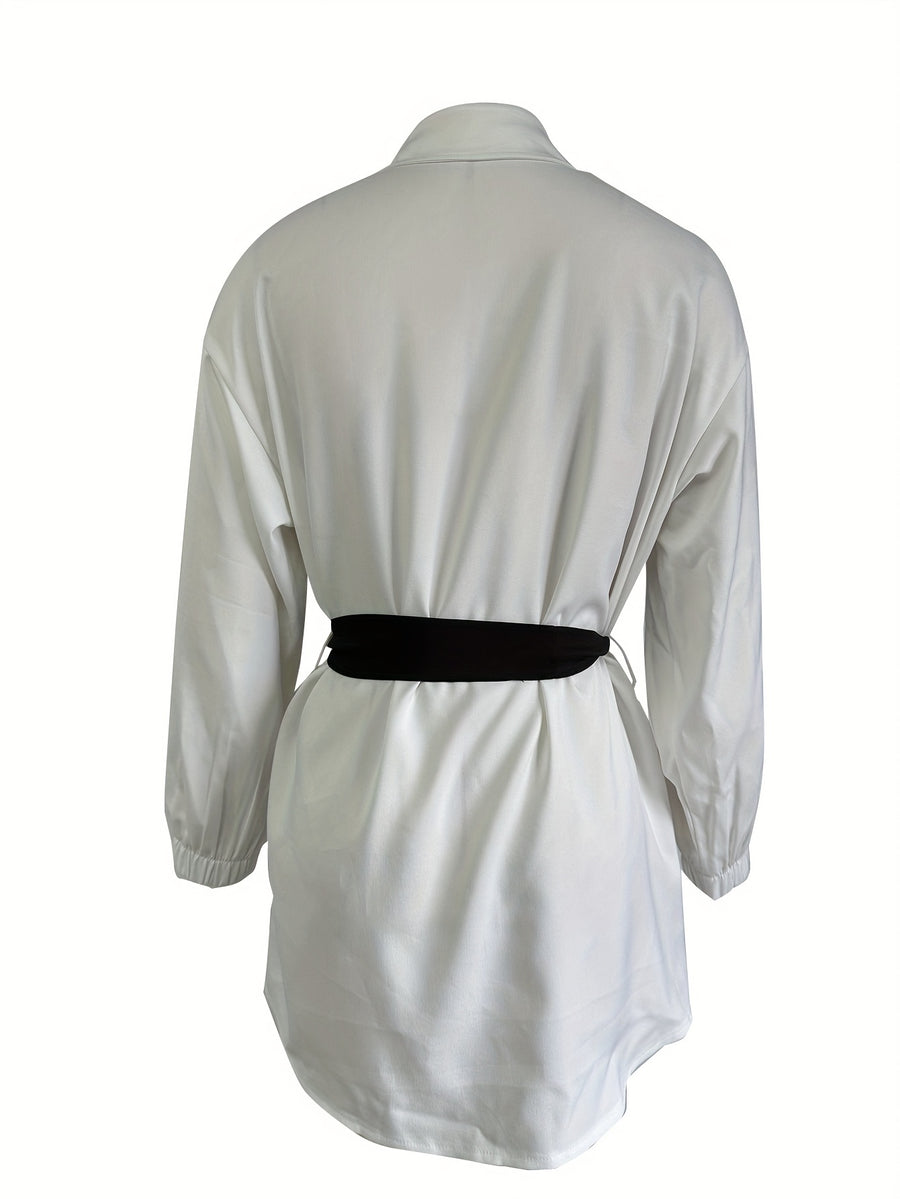 White Women's Long-sleeved Shirt Dress with Belt - White