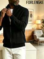 FORLENGKE 2026 New Men Business Casual Stand Collar Full Zip Vertical Ribbed Knit Cardigan, Soft Thick Loose Long Sleeve Sweater Jacket for Fall Winter Office Daily Wear - Black