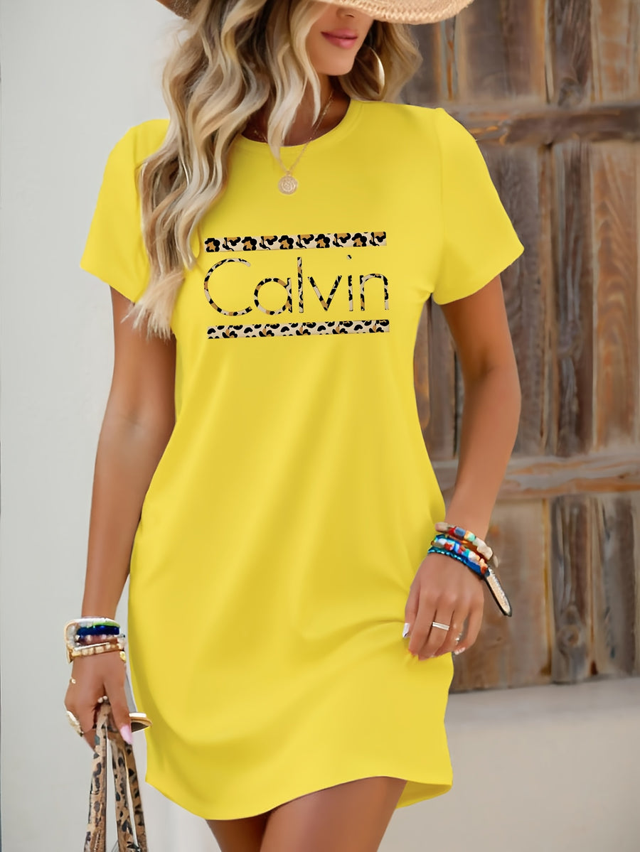 Calvin Women's Leopard Print T-Shirt Dress - Casual Short Sleeve Round Neck, Elastic Waist & Machine Washable, Spring Summer Daily Wear, Weekend Attire, Trendy Style, Comfortable Fabric, Women - Yellow