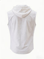 Pearson OBM Summer Men's Hooded Sleeveless T-Shirt, Linen-Textured Henley Neck Vest with Letter Print, Casual Sportswear Top, Versatile Top for Commuting, Dating, and Outings - White
