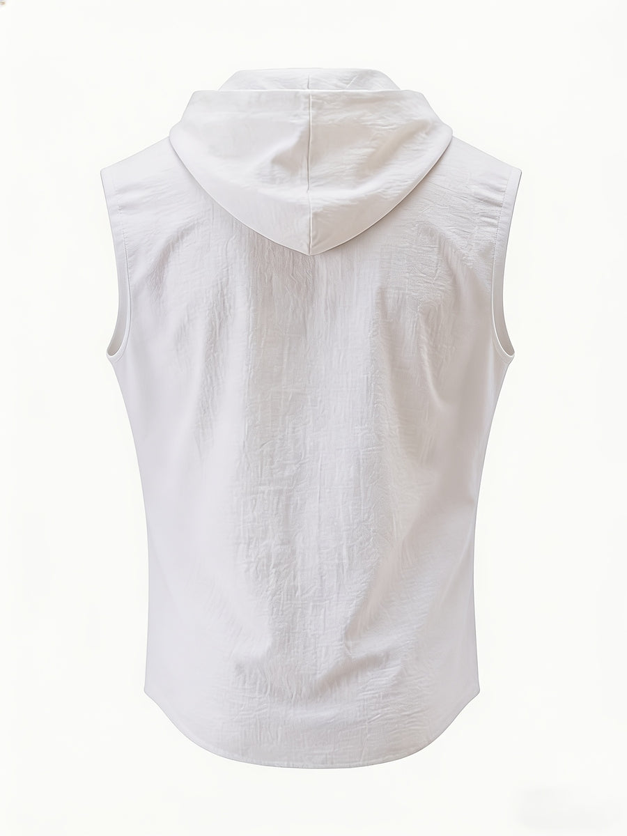 Pearson OBM Summer Men's Hooded Sleeveless T-Shirt, Linen-Textured Henley Neck Vest with Letter Print, Casual Sportswear Top, Versatile Top for Commuting, Dating, and Outings - White