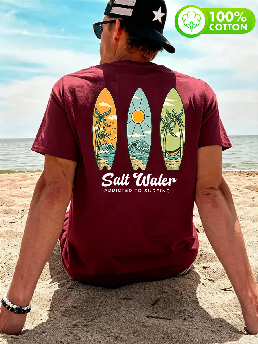 Men'S 100% T-Shirt, "Salt Water" Vintage Surfboard Front And Back Print Design, Casual Trendy Street Sport Short Sleeve T-Shirt Summer New Style, Round Neck Short Sleeve Summer Top, Casual Street Style, Suitable for Summer Daily Outdoor Wear - Burgundy