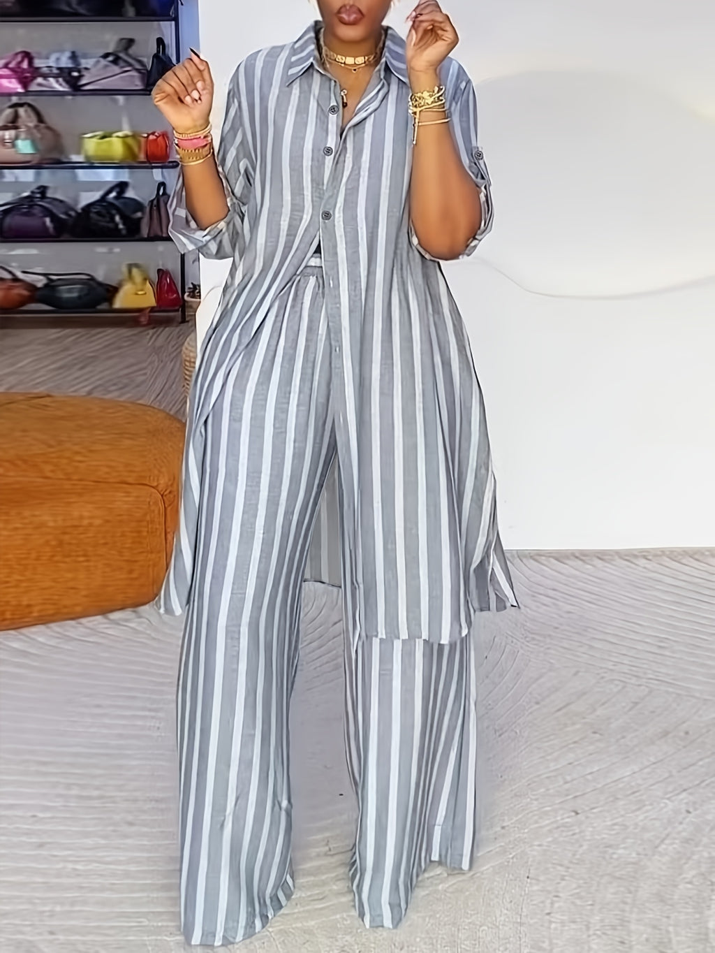 YYTT Women's Spring/Autumn Elegant Daily Casual Striped Print Lapel Long Sleeve Long Shirt and Elastic Waist Wide-Leg Long Pants 2pcs Set - Slate Grey