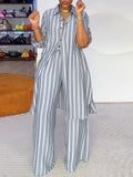 YYTT Women's Spring/Autumn Elegant Daily Casual Striped Print Lapel Long Sleeve Long Shirt and Elastic Waist Wide-Leg Long Pants 2pcs Set - Slate Grey