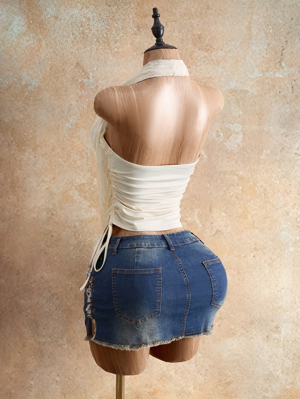 Spring Summer Casual All-Match Halter Lace-Splice Stylish Sexy Women'S T-Shirt - Apricot