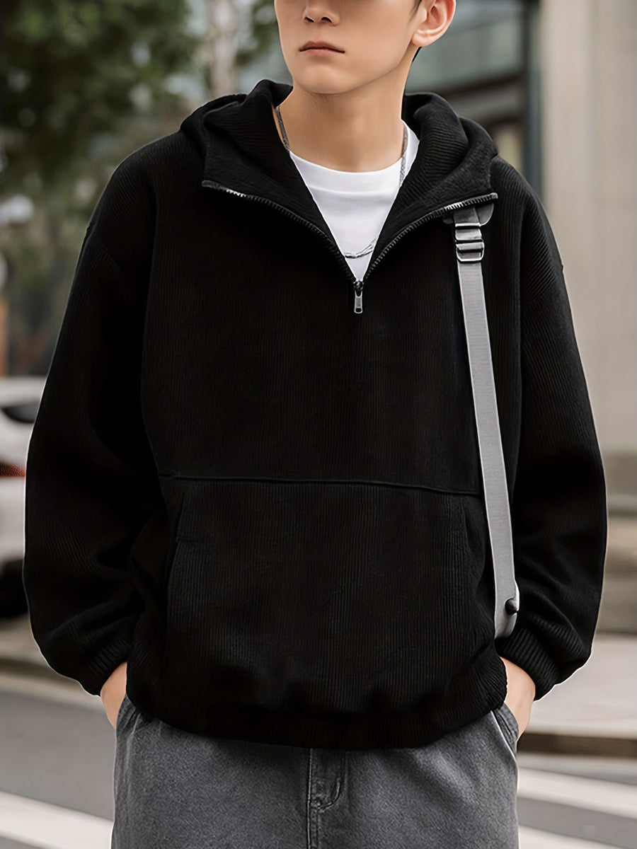 Autumn and Winter Fashion Corduroy Hooded Sweatshirt, Men's Loose Half-Zip Pullover Hoodie - Black