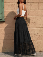Spring/Summer Solid-Color Drawstring-Detail Cake-Style Long Skirt with Lace Panel Design Perfect for Vacations Casual Wear and Commuting - Black
