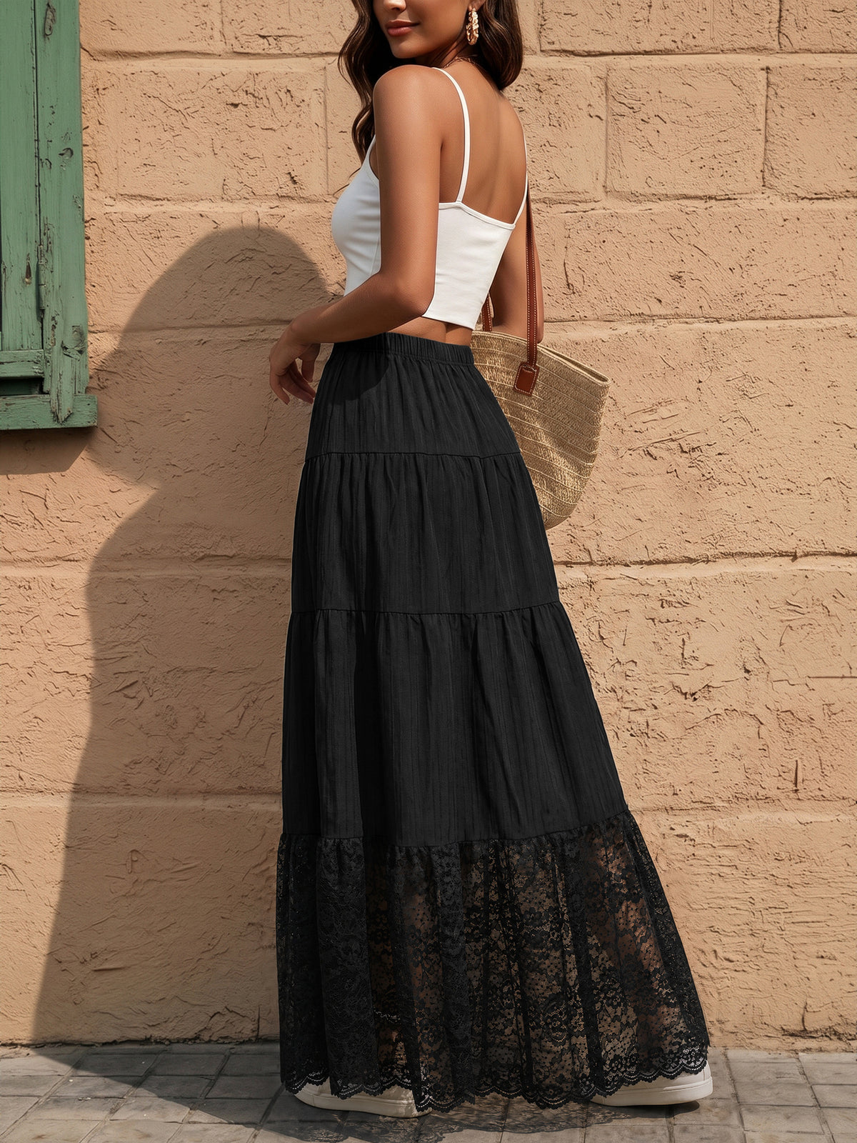 Spring/Summer Solid-Color Drawstring-Detail Cake-Style Long Skirt with Lace Panel Design Perfect for Vacations Casual Wear and Commuting - Black
