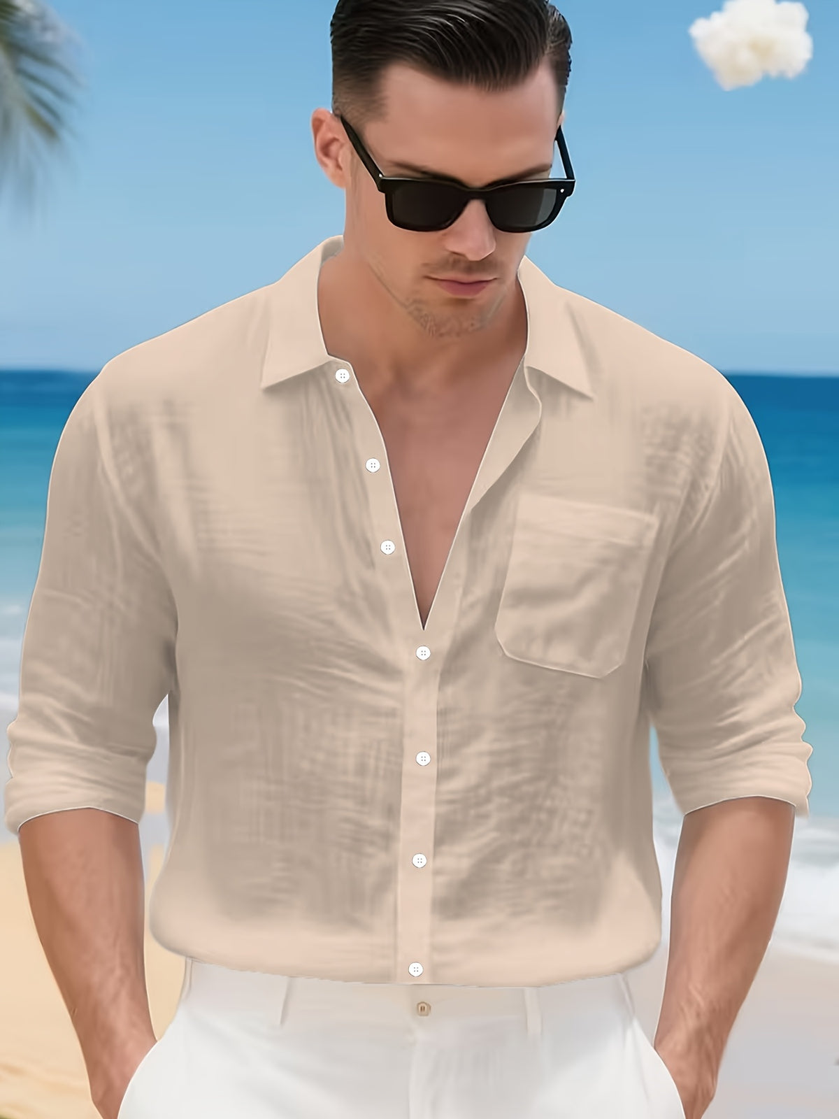 3pcs Men'S Casual Linen Shirts, Long Sleeve Button Tops with Chest Pocket, Lightweight Solid Color Shirts for Daily And Vacation - Mix Color 1