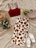 Women'S Fashion Floral Print Short Bodycon Dress, Casual Vacation Camisole Set for Women - Burgundy