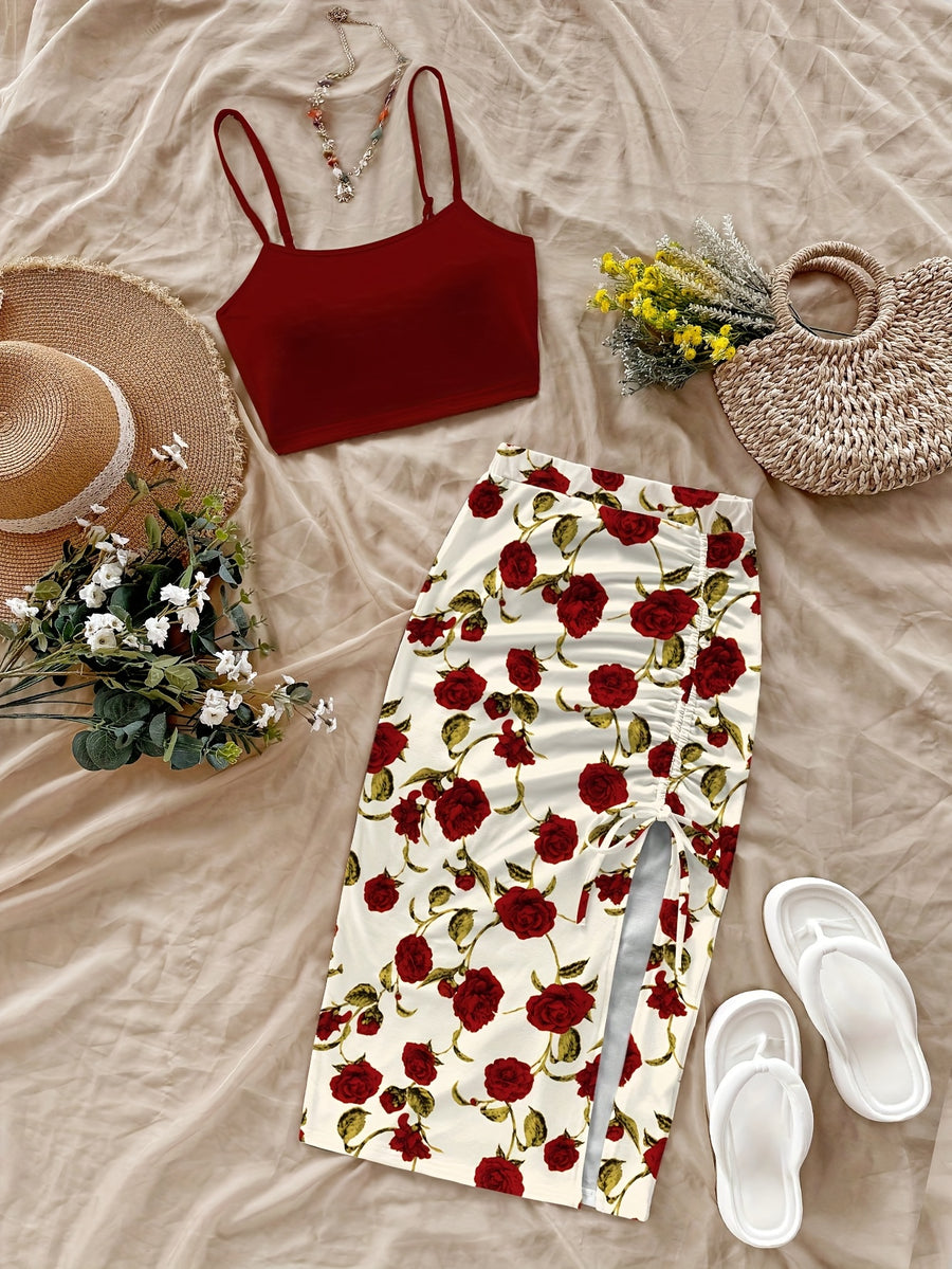 Women'S Fashion Floral Print Short Bodycon Dress, Casual Vacation Camisole Set for Women - Burgundy