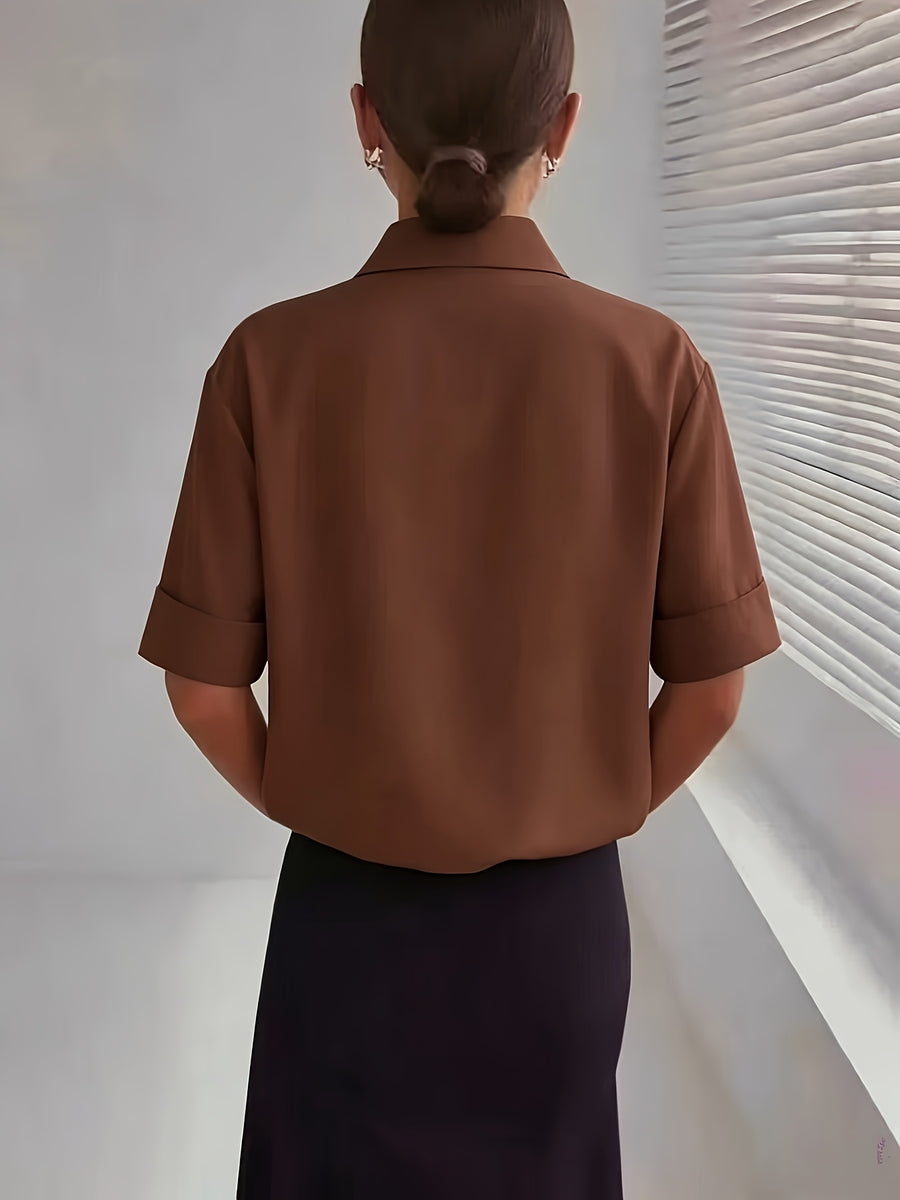 Women's Solid Color Elegant Neckline Short Sleeve Shirt - Coffee Brown