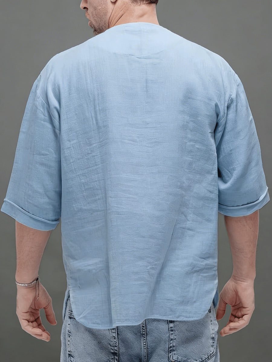 Men'S Casual Linen Short Sleeve Shirt - Lightweight And Breathable, Perfect for Beach, Summer, Weddings, And Outdoor Activities, Outdoor Casual Top | V-Neck Short Sleeve T-Shirt | Breathable Fabric - Sky Blue