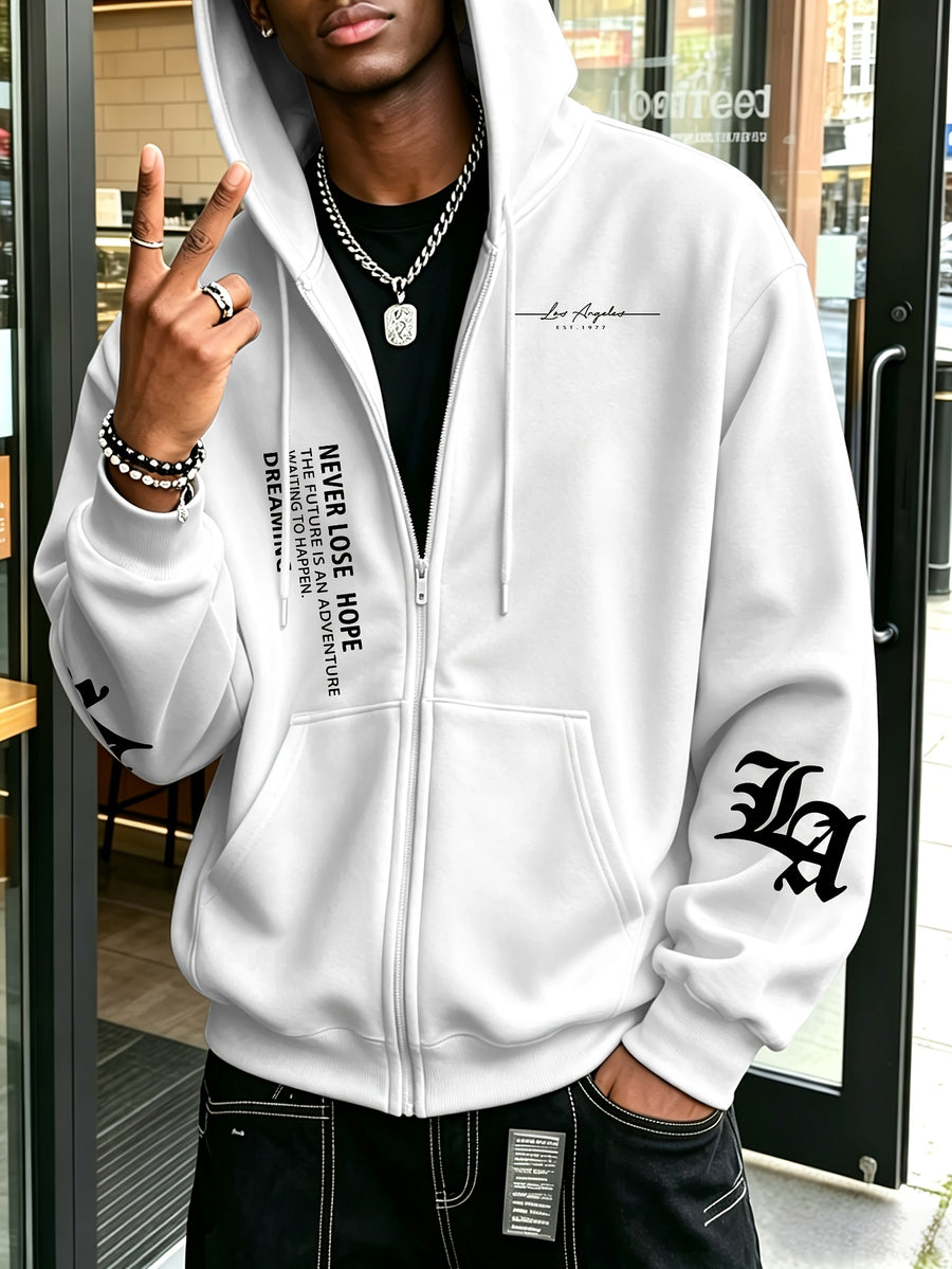 Men's New Trendy Autumn/Winter Fashion Zip-Up Hoodie, Casual Daily Drawstring Zip-Up Hooded Sweatshirt with Creative Flat Design Print, Front Kangaroo Pocket, Unisex Top - White