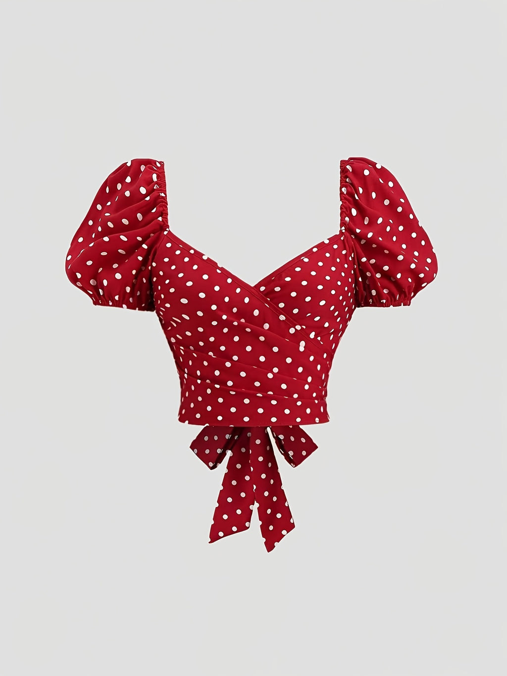 Women's Vintage Red Polka Dot Puff Sleeve V-Neck Crop Top with Tie Straps, Suitable for Daily Fashion and Date Necessities - Red