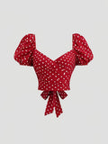 Women's Vintage Red Polka Dot Puff Sleeve V-Neck Crop Top with Tie Straps, Suitable for Daily Fashion and Date Necessities - Red