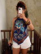 Bohemian Floral Print Halter Neck Vest, Vacation Style Irregular Hem Sleeveless Top, Ethnic Style Camisole ASD1 - Navy Color