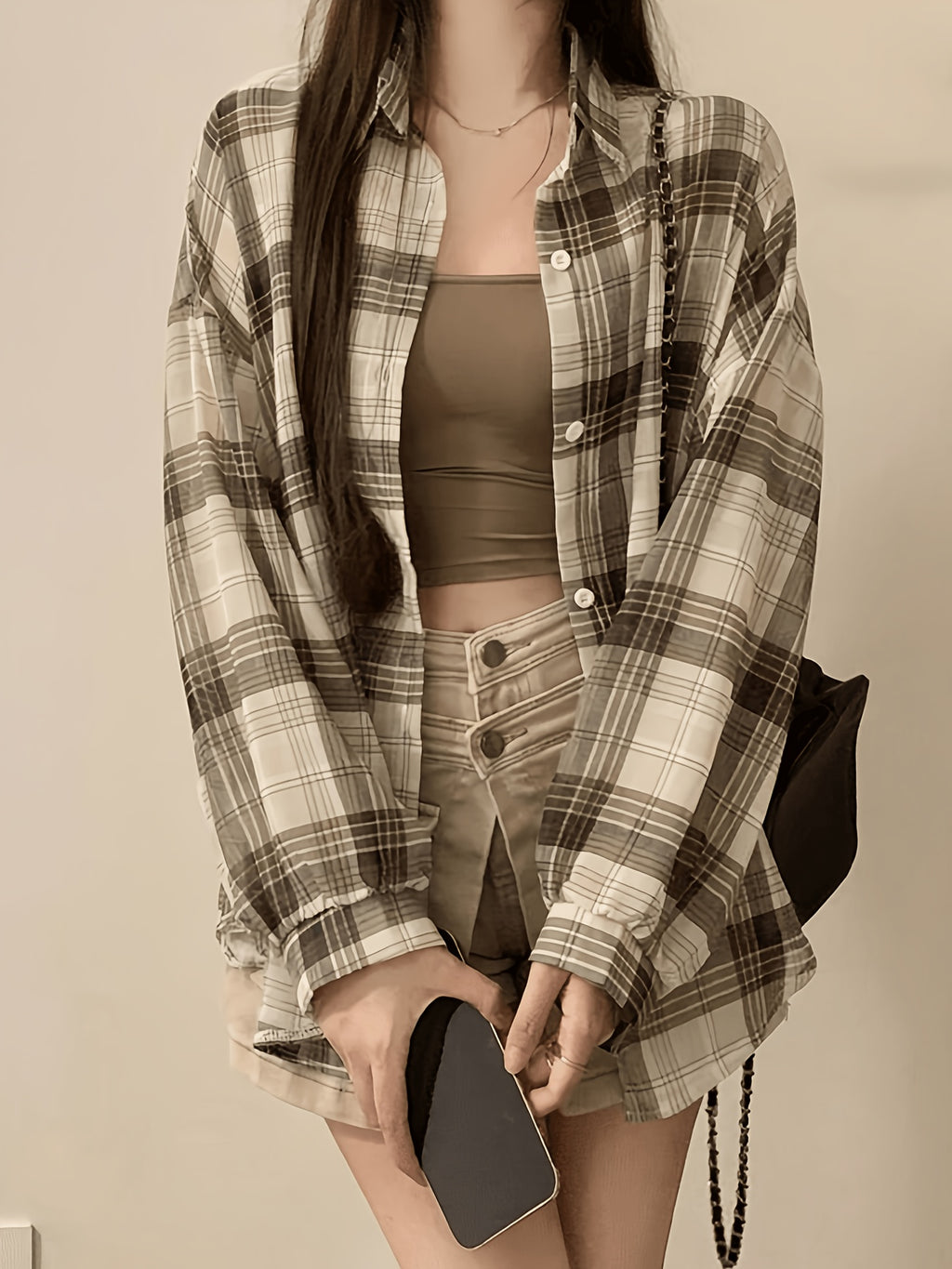 Chiffon Plaid Print Sheer Blouse Top Sunscreen Shirt - Khaki