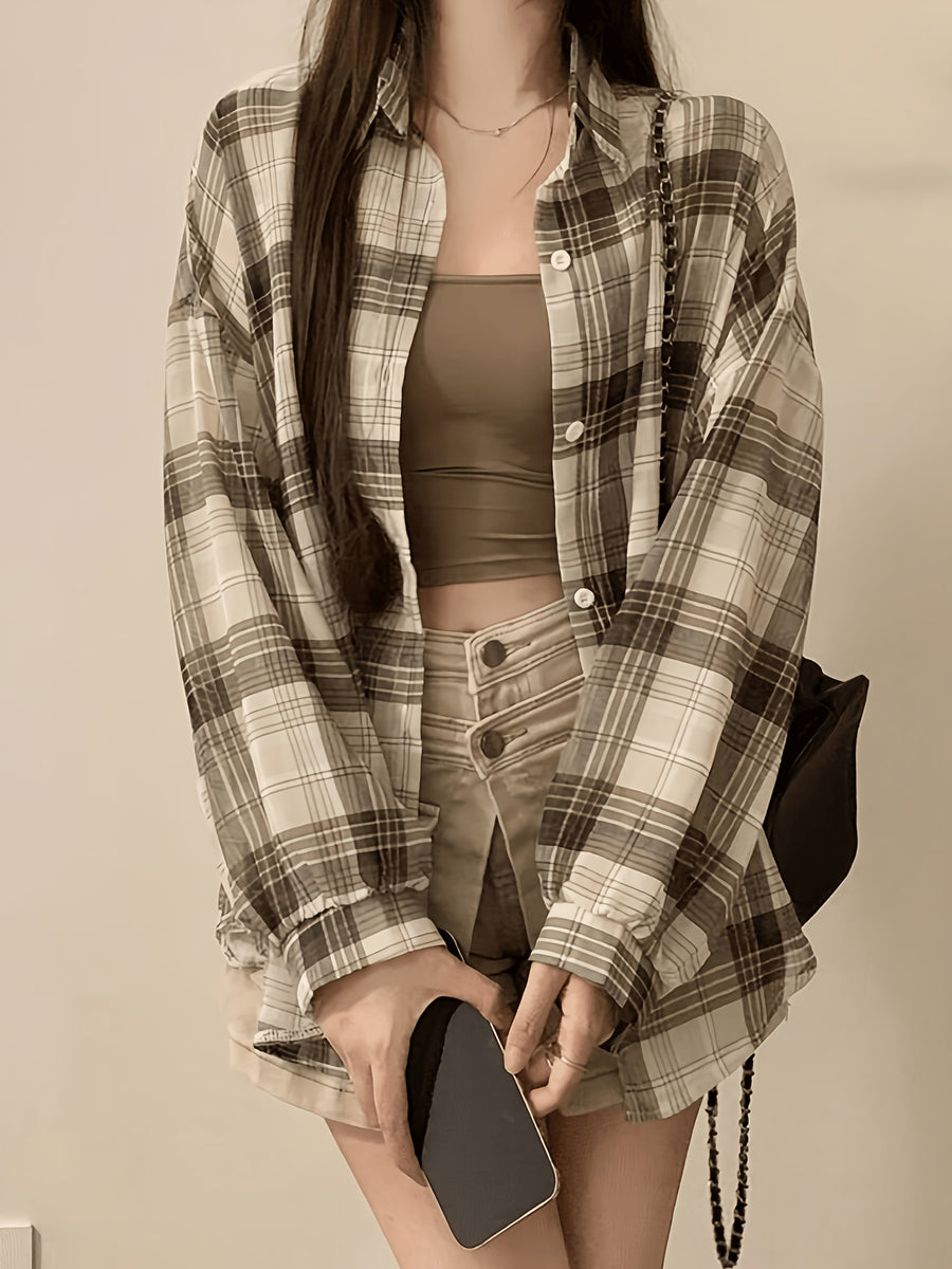 Chiffon Plaid Print Sheer Blouse Top Sunscreen Shirt - Khaki