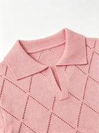 Men's Polo Collar Short Sleeve Knit Shirt, Textured Knit Top, V-Neck Lapel, Breathable Casual Pullover - Pink Color