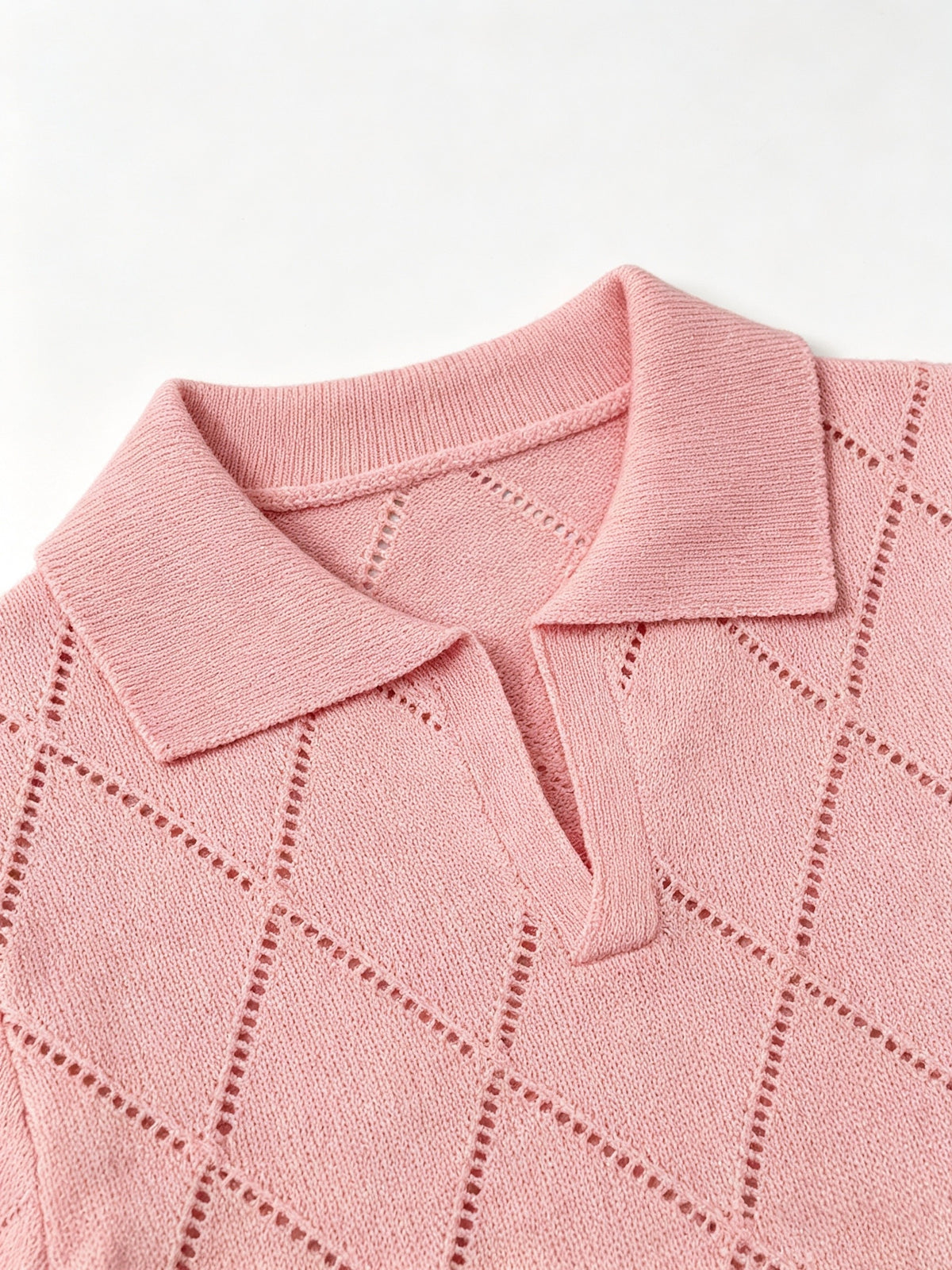 Men's Polo Collar Short Sleeve Knit Shirt, Textured Knit Top, V-Neck Lapel, Breathable Casual Pullover - Pink Color