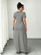 Women's Plus Size Nightgown, Can Be Worn as an Outer Dress, Striped Print, Beach Vacation Style, Oversized Loose Fit, Summer Apparel, Women's Summer Dress - Black And White